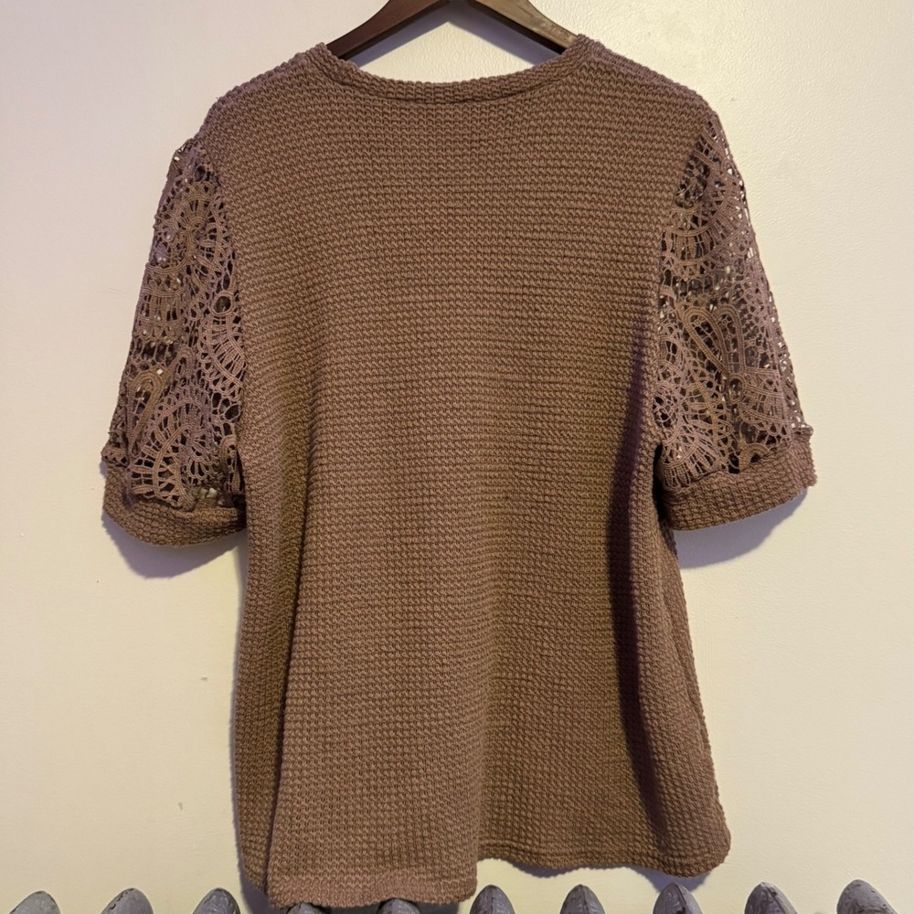 Womens Brown Lace Sleeve Knit Top Casual Short Sleeve Shirt Boho Cottagecore M